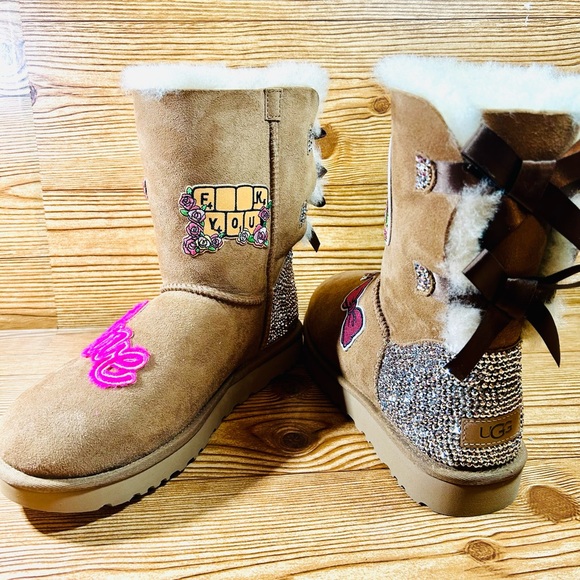 Bailey Bow Ugg Boots NWOB custom bling with patches - Picture 5 of 10